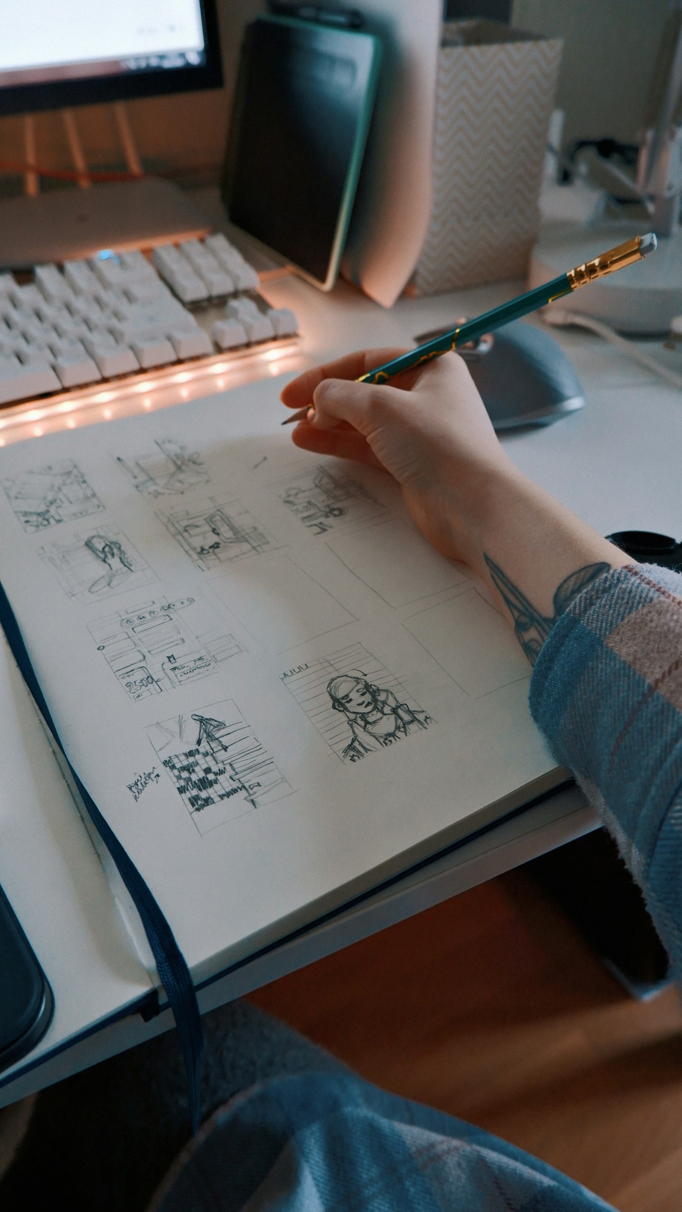 Mains dessinant un storyboard sur une table lumineuse